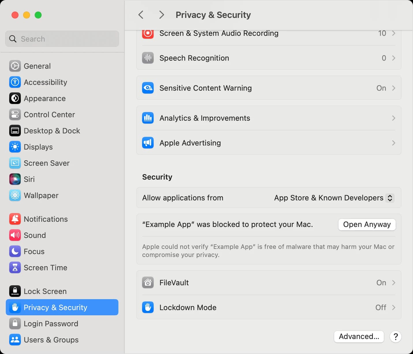 Apple System Settings, Privacy & Security, with the Open Anyway button highlighted.