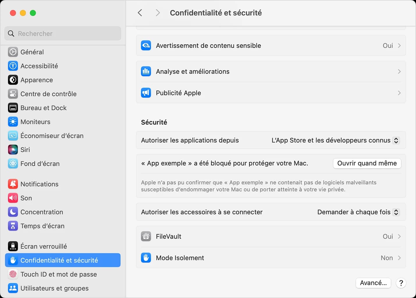 Réglages Système Apple, Confidentialité et sécurité, avec le bouton Ouvrir quand même mis en évidence.