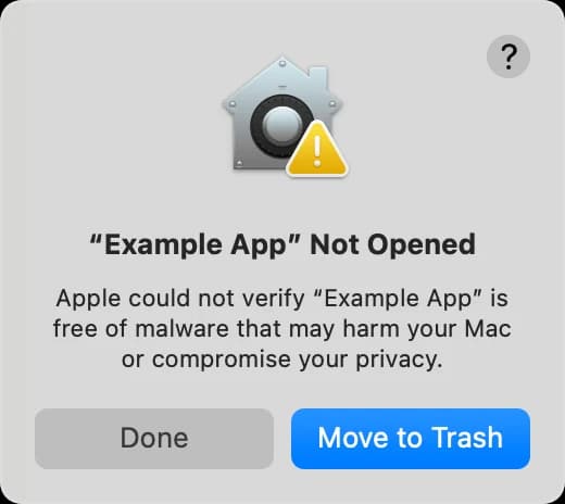 Apple example showing an unverified app blocked at first launch.