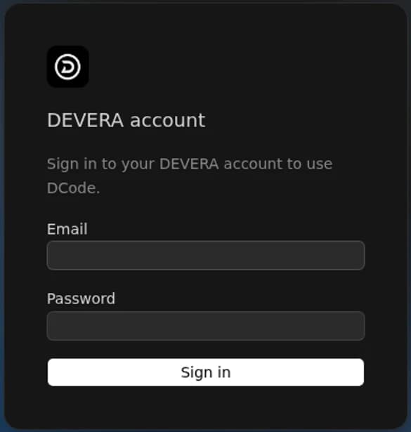 The DCode sign-in screen with email and password fields.