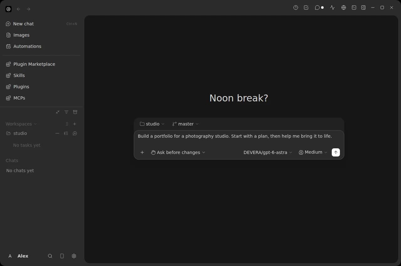 DCode on desktop: local project sidebar, AI prompt, model selection, and built-in tools.
